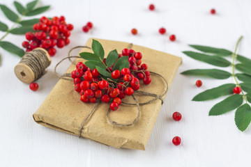 Autumn berries composition. Bunch of rowan (mountain ash) on a white wooden rustic background. Pretty gift box
