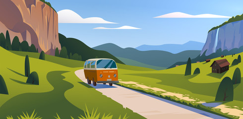 Vector flat summer landscape illustration, wild nature view: sky, mountains, meadow, minivan rides on the road. For car travel banner, road trip card, vacation touristic advertising, brochure, flayer.