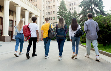 Students walking together outdoors after studies in campus