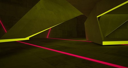 Abstract architectural concrete interior of a minimalist house with color gradient neon lighting. 3D illustration and rendering.