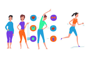 Set of women doing sports, jogging, jumping, exercises. Sport women vector illustration isolated.