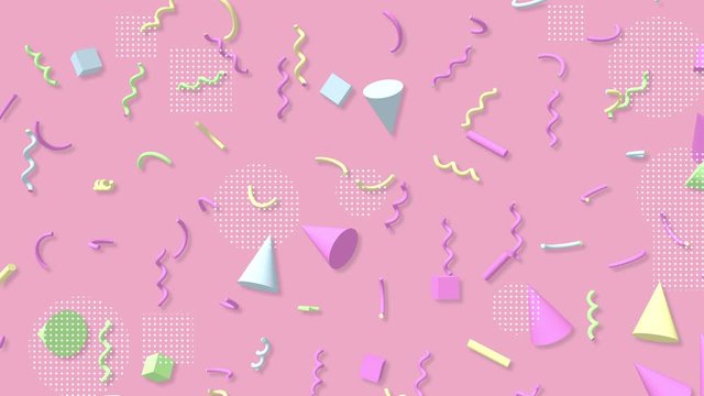 Memphis geometry background. Colorful 3D shapes pattern. Loop footage.