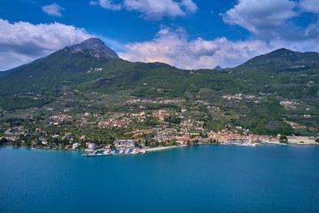 Obraz premium Aerial photography with drone. Italian town Gargnano on Lake Garda, Italy.