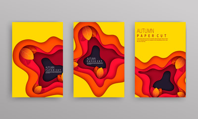Set vector banners with red, orange, brown and yellow autumn leaves. Vector paper cut EPS10.