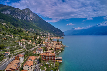 Naklejka na ściany i meble Aerial photography with drone. Italian town Gargnano on Lake Garda, Italy.