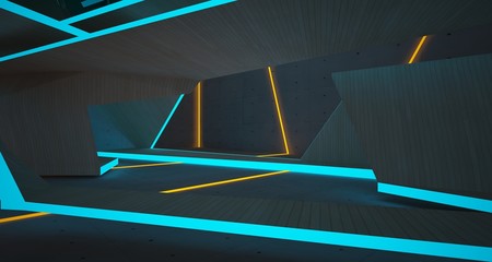 Abstract architectural concrete, glass and wood interior of a minimalist house with color gradient neon lighting. 3D illustration and rendering.