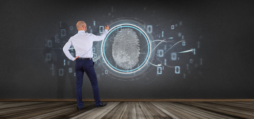 Businessman in front of a Digital fingerprint identification and binary code 3d rendering