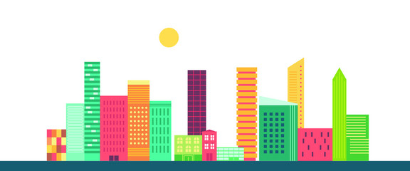 Abstract horizontal banner with city buildings. Town landscape illustration in minimal geometric flat style for web site of real estate or travel agency. 
