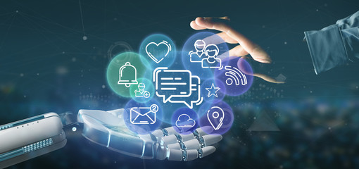 Cyborg holding a cloud of social media network icon