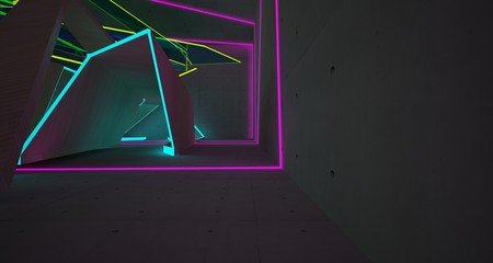 Abstract architectural concrete, glass and wood interior of a minimalist house with color gradient neon lighting. 3D illustration and rendering.