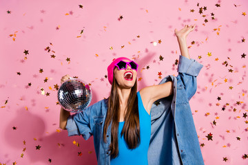 Portrait of cheerful youngster waving her palm screaming shouting wearing blue body suit isolated over pink background - obrazy, fototapety, plakaty
