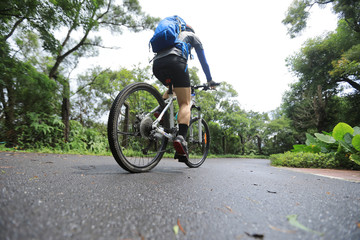 Fototapeta premium Woman cyclist riding mountain bike on tropical rainforest trail
