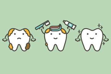 tooth holding toothbrush and toothpaste, compare before and after of brushing teeth - dental cartoon vector flat style