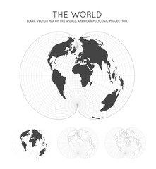 Map of The World. American polyconic projection. Globe with latitude and longitude lines. World map on meridians and parallels background. Vector illustration.