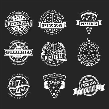 Vector pizzeria simple flat pizza logo set	on black background