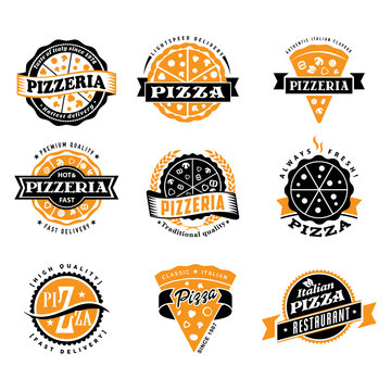 Vector pizzeria simple flat pizza logo set	
