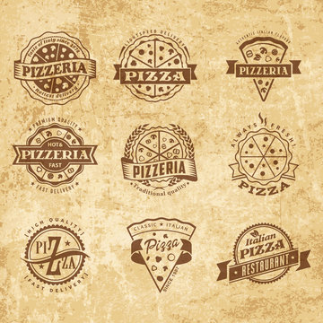 Vector pizzeria simple flat pizza logo set on vintage paper background