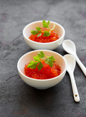 Red caviar in bowls