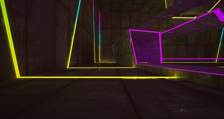 Abstract Concrete and Rusty Metal Futuristic Sci-Fi interior With Colored Glowing Neon Tubes . 3D illustration and rendering.