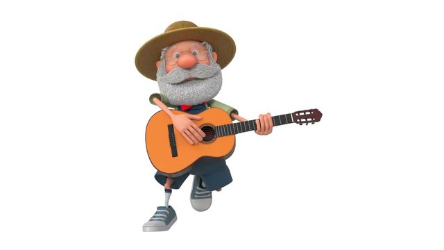 3d illustration cheerful farmer scout plays the guitar/3d illustration an elderly bearded peasant plays musical instruments