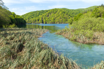 11 May 2019, Plitvice Lakes, Croatia. Overview and small touristic ferry