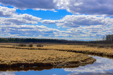 paisaje rural en un río cristalino en el que se reflejan las nubes, nubes grises con un cielo azul , con un campo con forraje y esto de color amarillo con mucho contraste