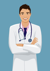 Smiling young doctor. Handsome Asian man wearing a lab coat stands with crossed arms. Vector illustration