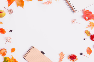 Autumn composition made of autumn dry multi-colored leaves, chestnut, coffee or tea mug, notepad on white background.