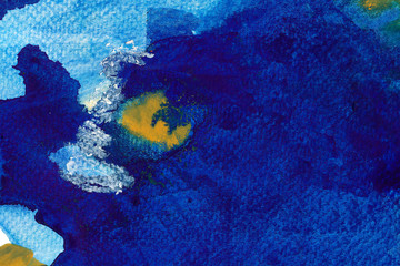 Blue watercolor texture background. Hand drawn azure and yellow ombre.