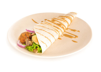 Plate with tasty falafel pita on white background