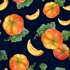 Orange pumpkin on black background.Seamless pattern.Summer,autumn illustration of vegetables.