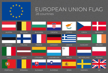 Vector 28 flags of the European Union with names.