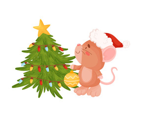 Cute brown mouse decorates a Christmas tree. Vector illustration on a white background.