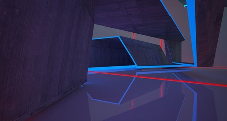 Abstract architectural concrete and white interior of a minimalist house with color gradient neon lighting. 3D illustration and rendering.