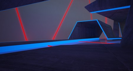 Abstract architectural concrete and white interior of a minimalist house with color gradient neon lighting. 3D illustration and rendering.