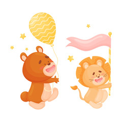 Cartoon bear and lion. Vector illustration on a white background.