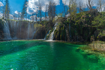 Plitvice Lakes national park and most amazing waterfall scenery in Spring.