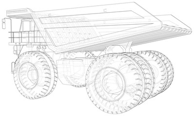 Dump truck, big transporter. The layers of visible and invisible lines are separated. EPS10 format. Wire-frame.