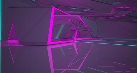 Abstract architectural drawing white interior of a minimalist house with color gradient neon lighting. 3D illustration and rendering.