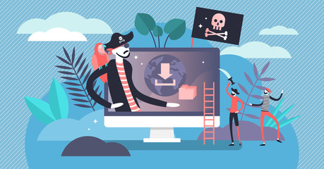 Fototapeta na wymiar Online piracy vector illustration. Flat tiny illegal hacker persons concept