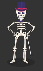 Mexican skeleton in tall hat with cane, Dia de Los Muertos