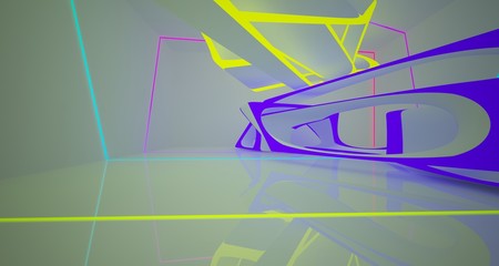 Abstract architectural white interior of a minimalist house with color gradient neon lighting. 3D illustration and rendering.