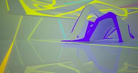 Abstract architectural white interior of a minimalist house with color gradient neon lighting. 3D illustration and rendering.