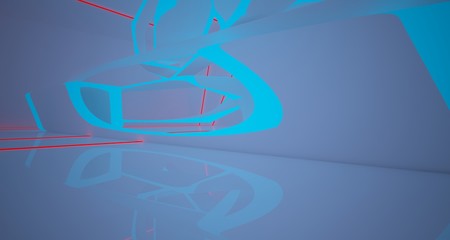 Abstract architectural white interior of a minimalist house with color gradient neon lighting. 3D illustration and rendering.
