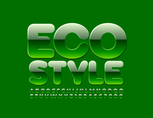Fototapeta premium Vector glossy Emblem Eco Style. Bright Green Font. Stylish Alphabet Letters and Numbers.
