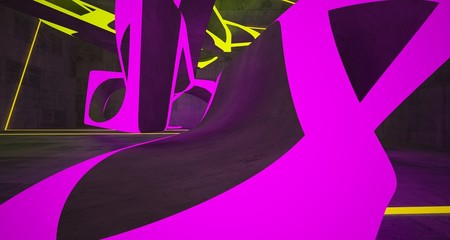 Abstract architectural concrete smooth interior of a minimalist house with color gradient neon lighting. 3D illustration and rendering.