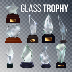 Different Form Collection Glass Trophy Set Vector. Glossy Award Trophy On Wooden And Plastic Stand With Blank Golden Nameplate. Reward For First Place Championship Template Realistic 3d Illustrations
