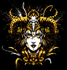 A shaman woman with Golden horns on her head and gold patterns on her face,and ornaments of feathers and earrings . 2D Illustration.