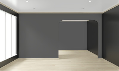 Empty room dark wall on floor wooden interior design.3D rendering