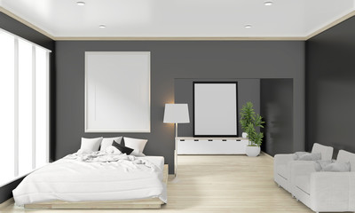 wooden bed, frame and decoration japanese style in zen bedroom minimal design. 3D rendering.
